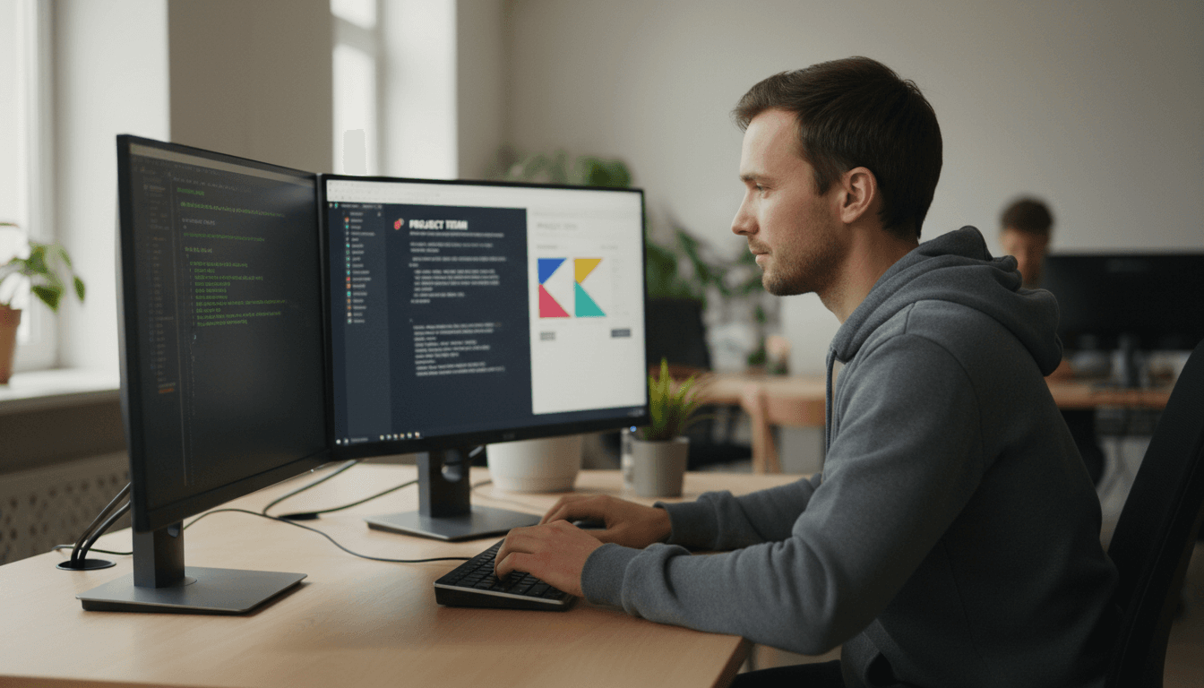 Developer focused on custom software development at workstation with code on screens