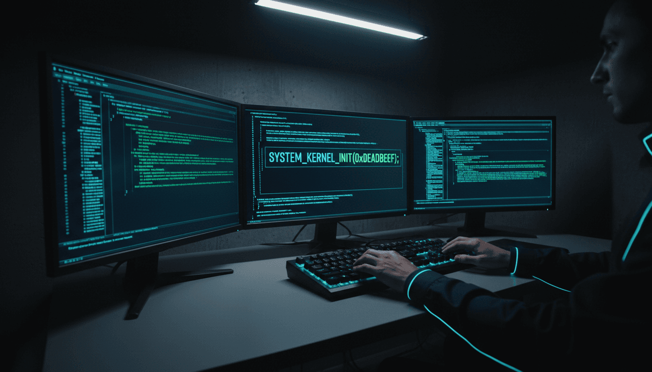 Software developer working on custom code with multiple monitors