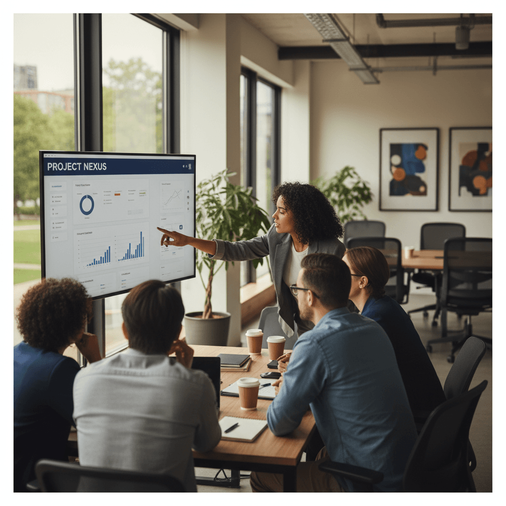 Team reviewing software prototype during development meeting